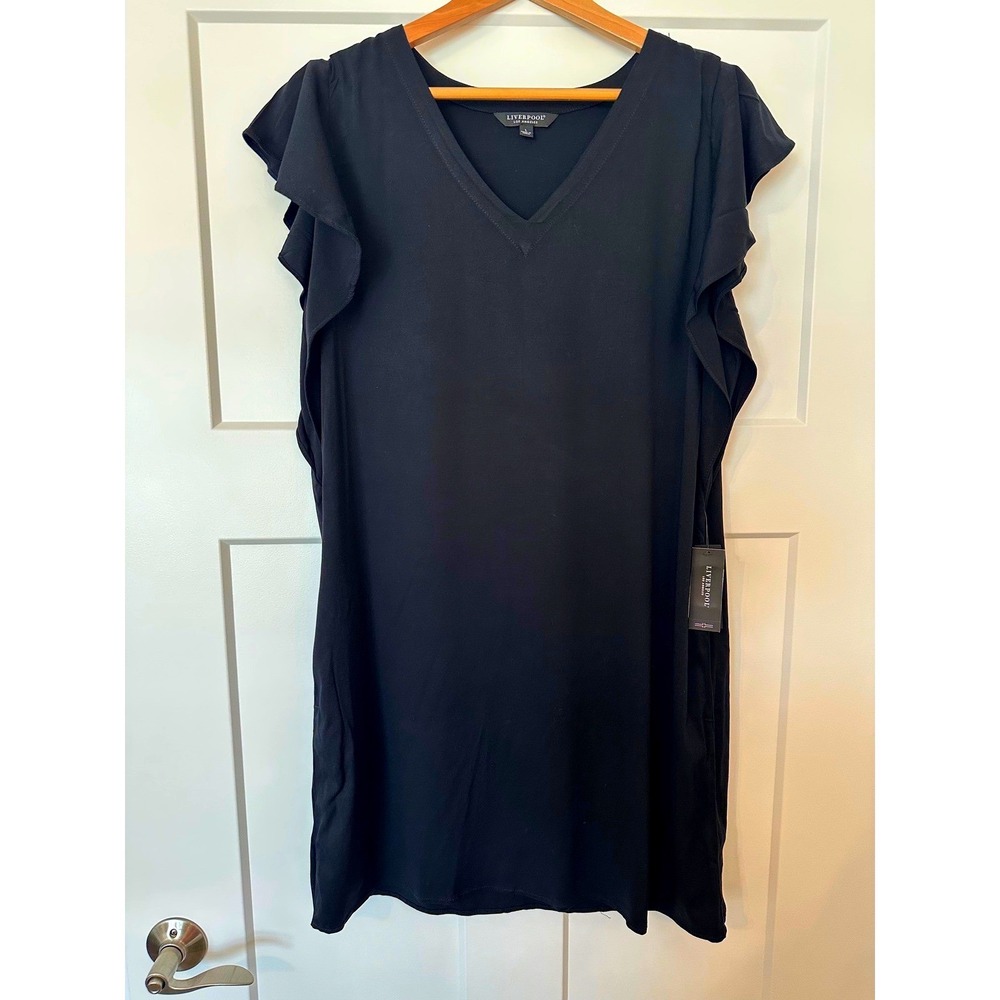 Liverpool Black Flutter Sleeve Shift Dress Size L/Date Night/Cocktail/Classic